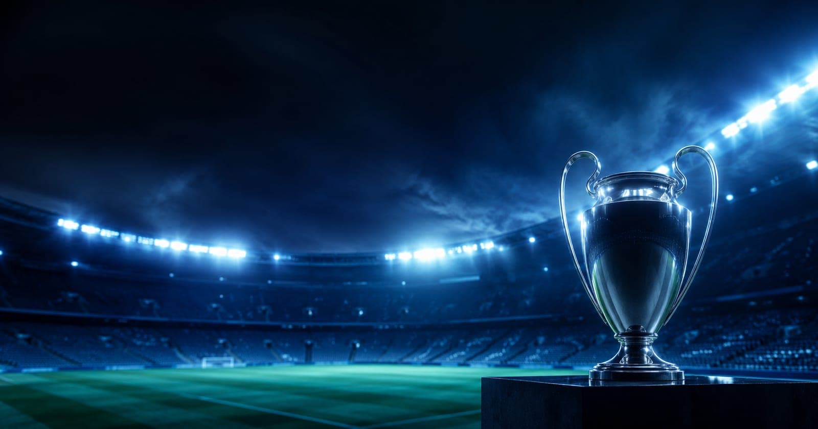 Taça da Champions League iluminada em um estádio